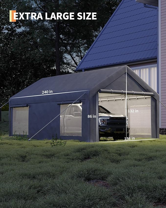 13x20 Ft Carport with 8 Sandbags, Car Port with 220g PE Tarp, 2 Roll-Up Doors, and 4 Windows, for Full-Size Pickups, Bass Boats, Tractors, and SUVs, Gray