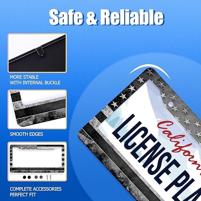 Grey Black American Flag License Plate Frame Vintage USA Flag License Plate Stainless Steel Funny License Plate Holder Patriotic Car Accessory Car Decoration 12.3" x 6.3"for Men Women