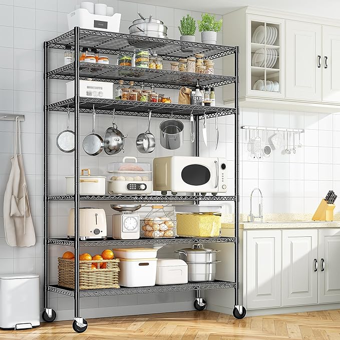 82" H X45 W X18 D Storage Shelves with Wheels, 6 Tier Wire Shelving Adjustable Metal Shelving Pantry Shelves Capacity 1200LBS for Garage Shelving, Pantry, Kitchen, Closet, Black