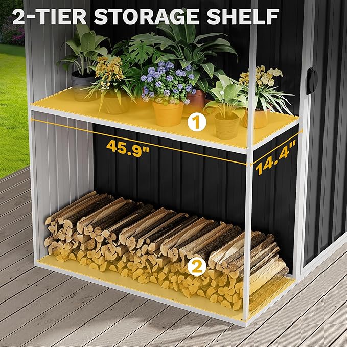 DWVO Outdoor Storage Shed 8x4FT with Rack, Metal Garden Shed with Storage Shelves, Bike Storage Tool Cabinet Box for Lawn Backyard Patio Use, Dark Gray