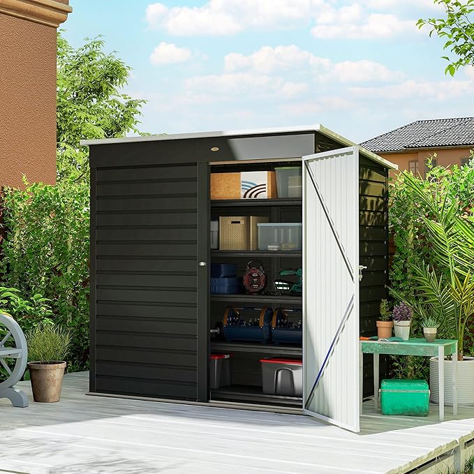 Outsunny 6' x 4' Outdoor Storage Shed, Easy to Assemble, Metal Garden Tool Shed with Lockable Door and Gloves for Backyard Garden Patio Lawn, Dark Gray
