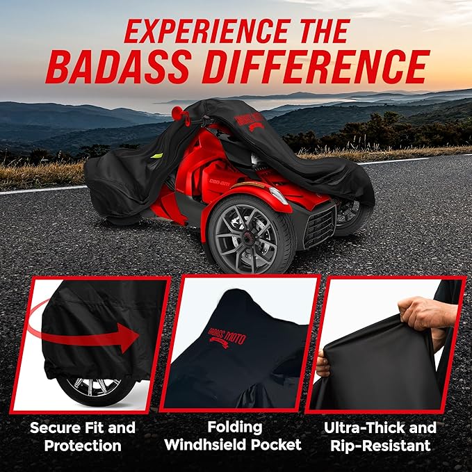 Badass Moto Can Am Ryker Cover Fits 600/900 Rally Sport Trike Three Wheeler. Heavy Duty. Won't Wimp Out. Fits Can-Am Ryker Motorcycle Accessories Waterproof Outdoor Storage