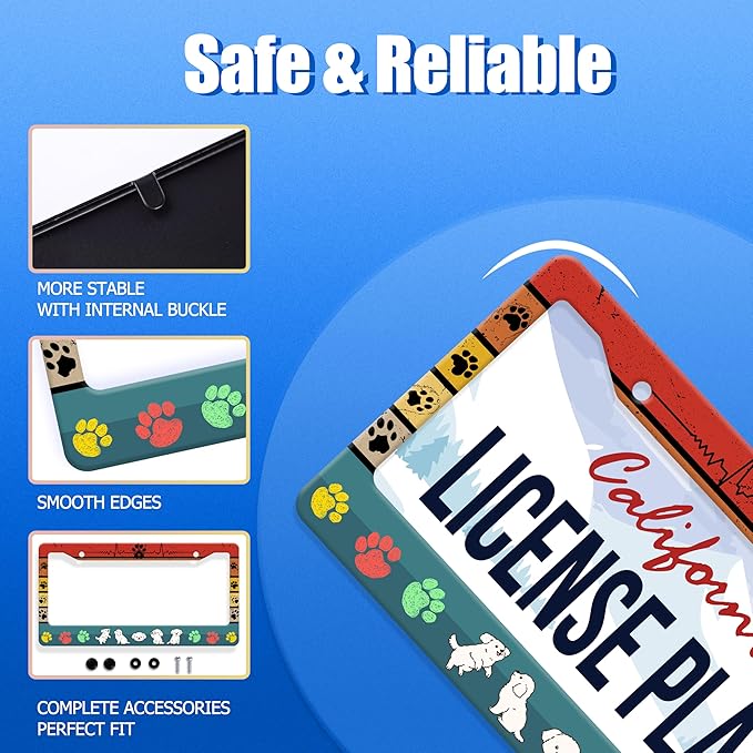 Dog License Plate Frame Cute Dog Paws License Plate Stainless Steel Animal Funny License Plate Holder Personalized Dog Car Accessory Decoration 12.3" x 6.3"for Men Women