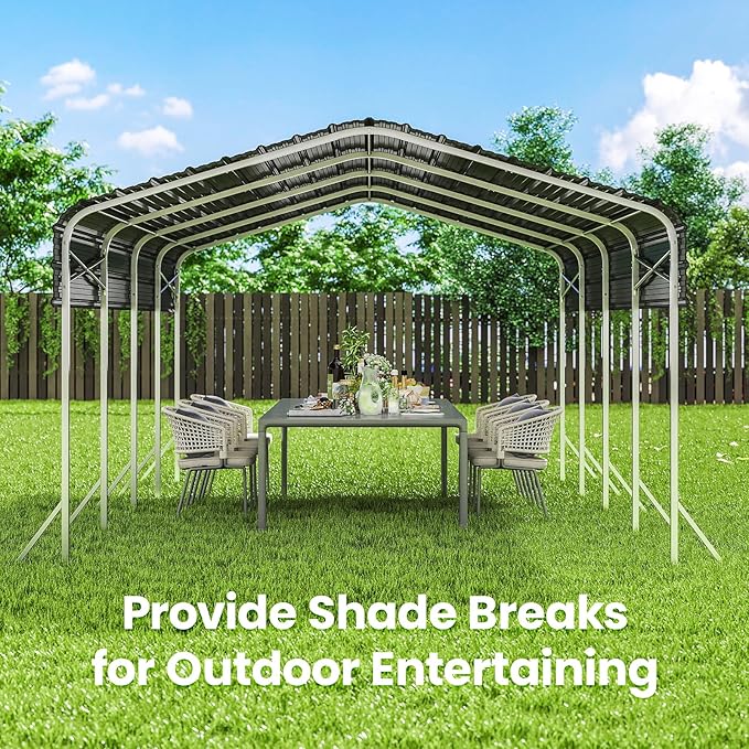 12x20ft Heavy Duty Metal Carport – Outdoor Galvanized Garage, Sturdy Structure, All-Weather Protection, Easy Assembly for Cars, Trucks, Boats, Tractors, and Outdoor Storage (Grey, 12x20FT)
