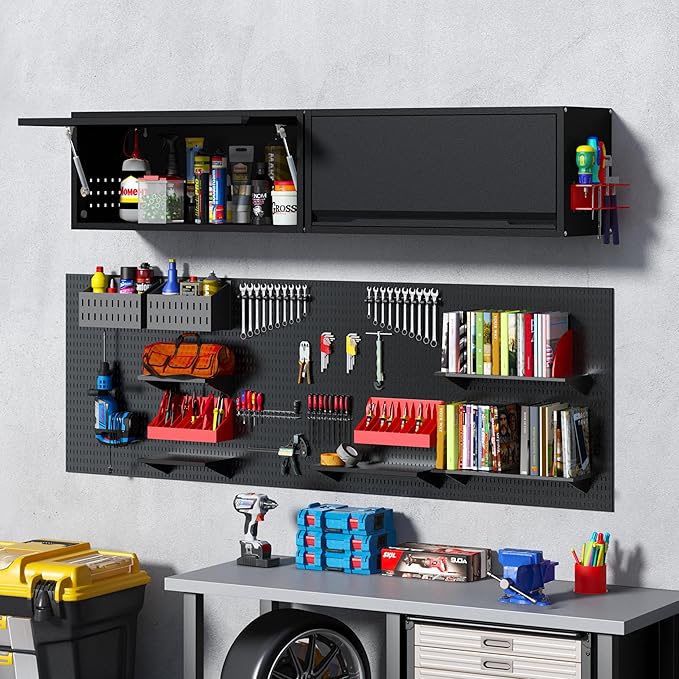 Metal Garage Wall Cabinet with Doors Side with Holes,Wall Mounted Metal Storage Cabinet with Up-Flip Door,Garage Storage Cabinet for Garage, Basement, Kitchen, Warehouse,Office, Bathroom-Black