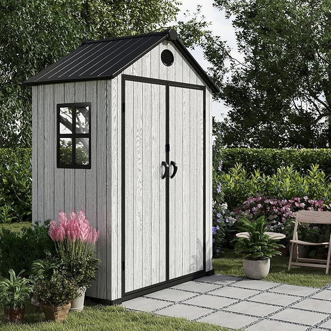 5.3x3.4 FT Resin Outdoor Storage Shed, 135 Cuft Garden Tool Sheds & Outdoor Storage Plastic Shed with Floor, 7FT Tall Backyard Outside Lawn Mower Storage Shed with Side Window, Cemented Grey
