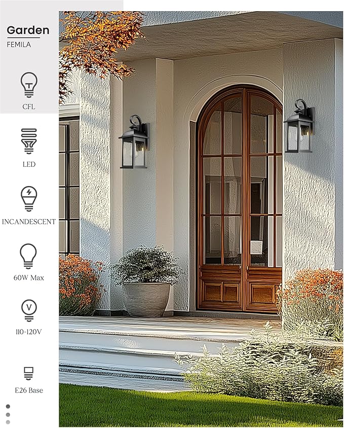FEMILA Dusk to Dawn Outdoor Wall Sconce, 15" Matte Black Seeded Glass Outdoor Sconce Lights, Front Porch Light Fixtures Wall Mount, Garage Lights for Patio, Entryway, Garden, 4FD54B-PC BK