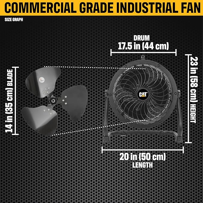 CATERPILLAR 14 inch Heavy Duty Industrial High Velocity Drum Air Circulator Utility Shop Floor Fan, 360 degree Pivoting Metal Drum Head, 2300 CFM, Dual Ball Bearing 4-speed Motor, BLACK