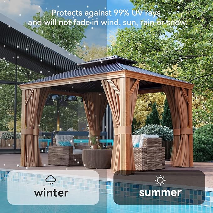 Aoxun 10' x 12' Hardtop Gazebo, Wooden Finish Coated Aluminum Frame Canopy, Galvanized Steel Double Top, Outdoor Permanent Metal Pavilion with Curtains and Netting, for Backyard, Patio and Deck