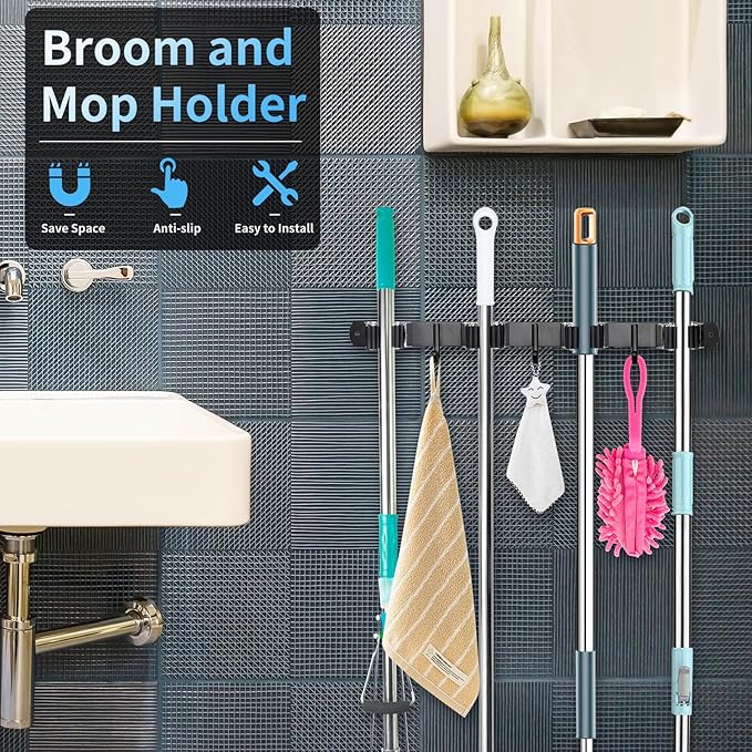 Huryfox Mop and Broom Holder Wall Mounted - Sturdy Stainless Steel Rack with Utility Hooks, 4 Racks, 3 Hooks Adjustable Design and Multiple Storage Organiser Options, Perfect for Kitchen, Laundry