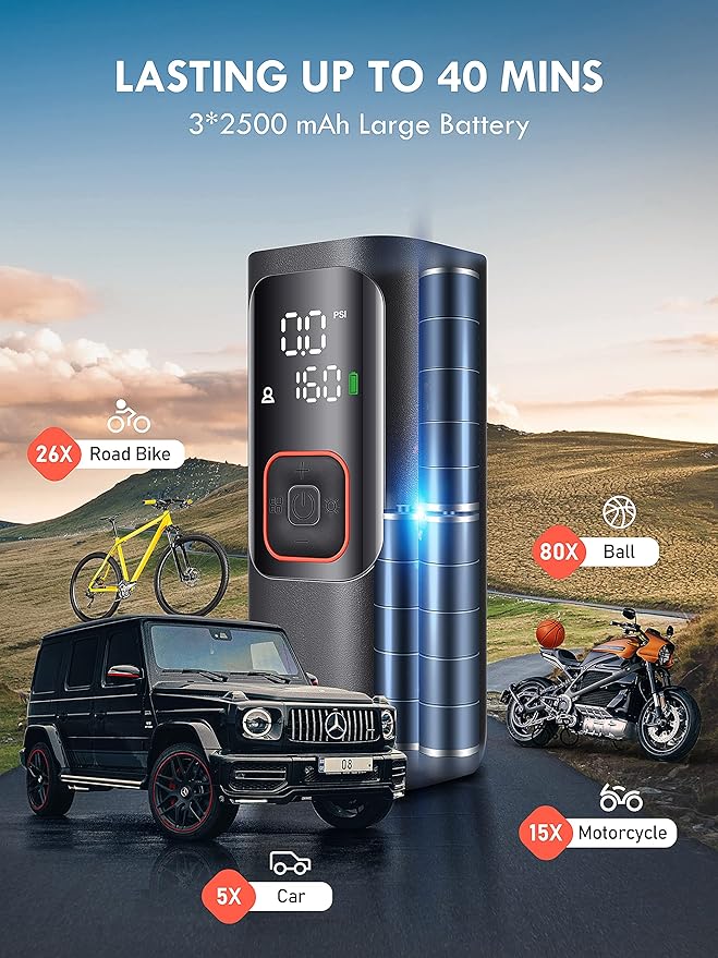 Tire Inflator Portable Air Compressor - Powerful 160PSI & 2X Faster, Accurate Pressure LCD Display, Cordless Easy Operation - Portable Air Pump for Car, Motorcycle, E-Bike, Ball