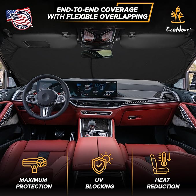 EcoNour Car Windshield Sun Shade with Pouch Bag (Sunflower) | Front Window Sun Protector for UV Rays | Car Interior Accessories Fits Small Sedans, Mini SUVs & Hatchbacks | Medium (64"x 32")