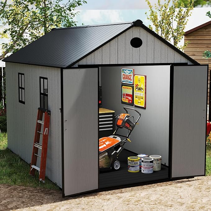 7.3 x 12 FT Shed Resin Outdoor Storage with Floor, 566 cuft Plastic Shed with Window and Lockable Door for Garden, Backyard, with Wood Texture, Grey