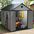7.3 x 12 FT Shed Resin Outdoor Storage with Floor, 566 cuft Plastic Shed with Window and Lockable Door for Garden, Backyard, with Wood Texture, Grey