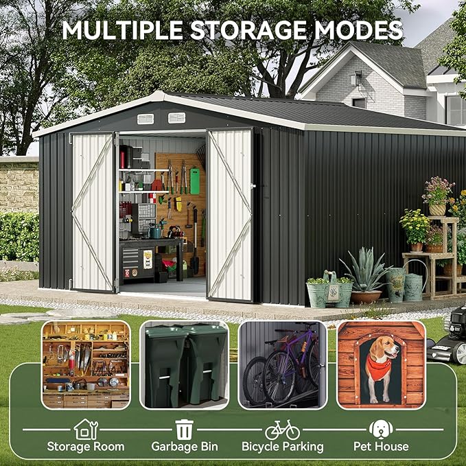 Aoxun 12x10 FT Shed Metal Outdoor Waterproof Storage Shed Steel Utility Garden Tool Shed with Door & Lock Outdoor Storage for Garden Patio Lawn Poolside, Black