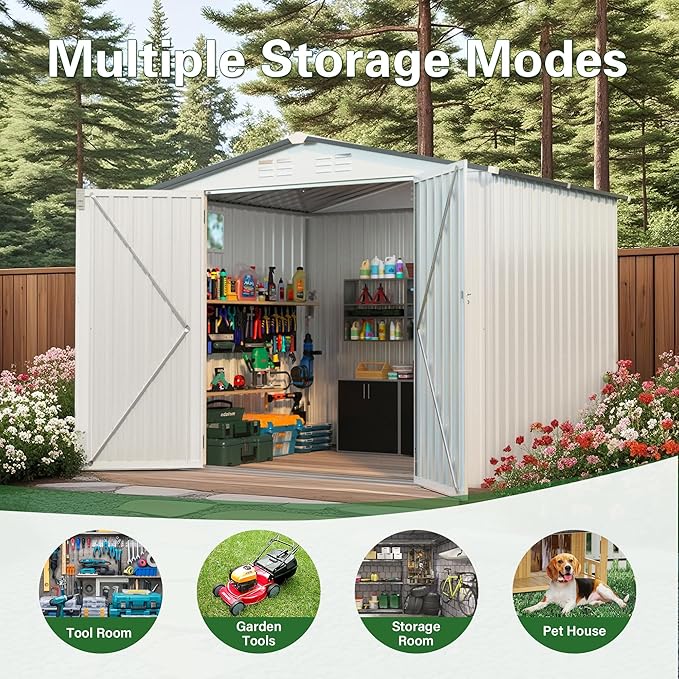8X6 FT Outdoor Storage Shed with Window, Metal Garden Sheds w/Lockable Door and Vents, Waterproof Steel Tool House for Backyard, Patio, Lawn, Sundries & Utility Storage, White