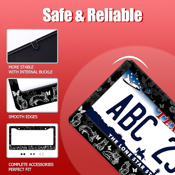Black White Cat License Plate Frame Butterfly Floral License Plate Frames Funny Auto Accessories Bracket Stainless Steel License Plate with Screws 6x12Inch