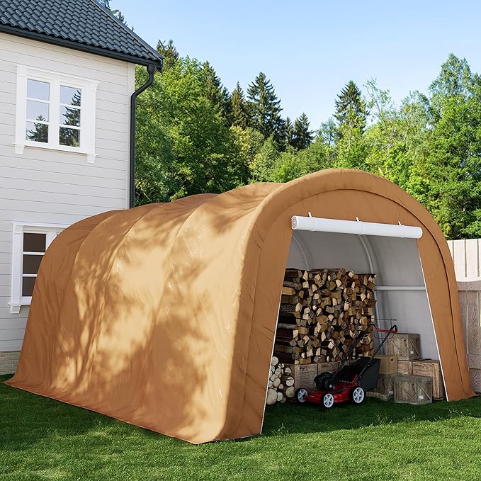 SUNBURY Carport, 10x20 FT Heavy Duty Canopy, Portable Garage with All-Steel Metal Frame & Double Zipper Doors, Round Style Outdoor Storage Shed for Car, Truck, Boat, Patio Furniture, Brown