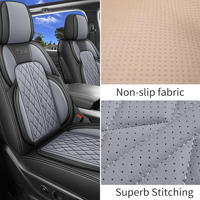 Car Seat Cover Custom Fit for Dodge Ram 1500 2500 3500 2002-2024 Faux Leather Seat Cover Set Compatible with Crew Quad Regular Cab Pickup Truck Cushions (Black & Grey, Front Seat)