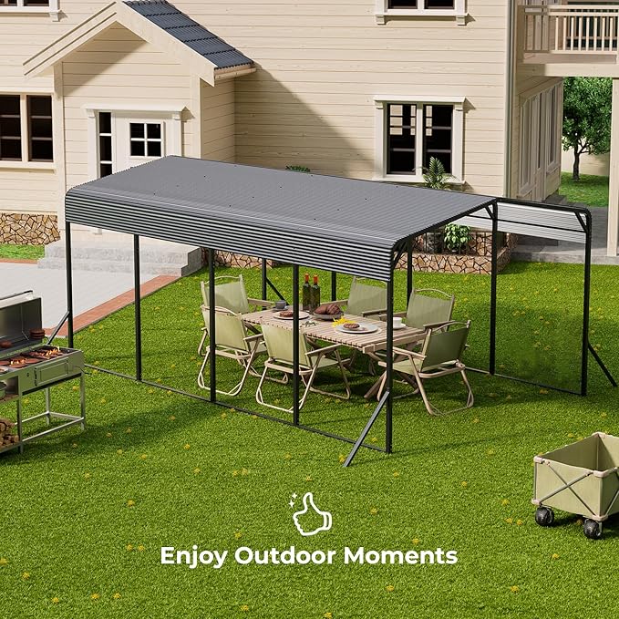 Carport 12x20 FT Heavy Duty Metal Carport, Outdoor Metal Canopy with Additional Diagonal Bars and 4 Support Feet, Car Port Garage Galvanized Shelter for Car, Boat and Tractor