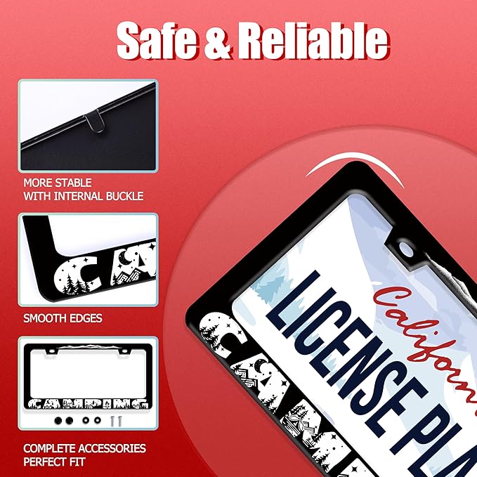 Camping License Plate Frame Mountains License Plate Holder Forest for Car Decorative Parts Stainless Stee License Plate for Standard Us Canada Funny License Plate Frames 12x6 Inch