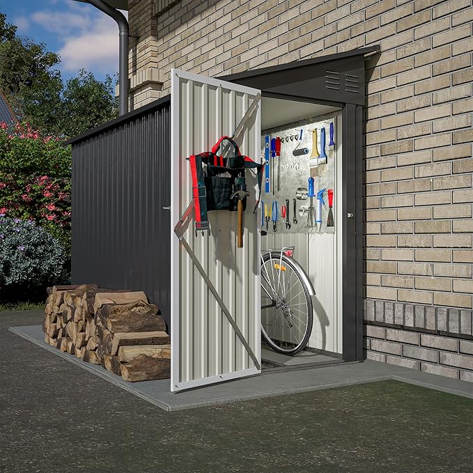 4x8 FT Outdoor Storage Shed,Lean to Metal Shed W/Floor Included,Garden Storage Shed W/Lockable Door,All Weather Waterproof Tool House W/ 2 Air Vents,for Backyard,Patio,Lawn,Garden,Black