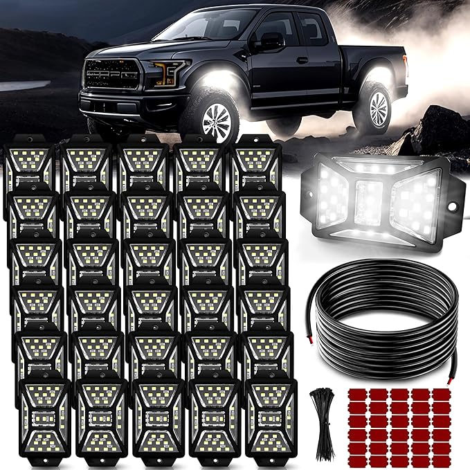 30 Pods 810 White Rock Lights with 11yd/10M Extension Wire, 6000K Super Bright Underglow Light, Waterproof IP67, 360° Full Angle Illuminate Rock Lights for Trucks Jeep UTV ATV SUV Boats