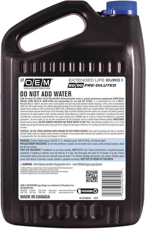 OEM Recochem European Vehicles Premium Antifreeze 50/50 Extended Life Coolant - Euro I Blue 1 Gallon, 1 Pack