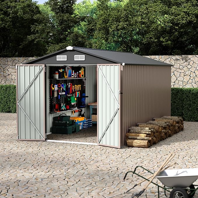 8x12x6.4 FT Outdoor Storage Sheds, Metal Garden Tool Shed for Backyard, Large Metal Sheds Outdoor Storage With Lockable Doors & Air Vents for Backyard Garden Patio Lawn