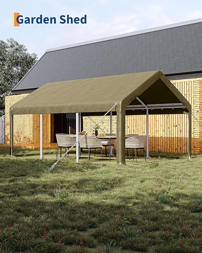 13x20 Ft Carport with 8 Sandbags, Car Port with 220g PE Tarp, 2 Roll-Up Doors, and 4 Windows, for Full-Size Pickups, Bass Boats, Tractors, and SUVs, Khaki