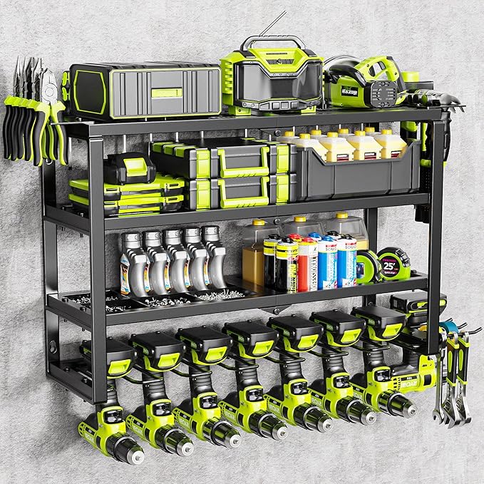 MAXIFFE 4 Layer Power Tool Organizer Wall Mount, Heavy Duty Metal Cordless Tool Organizers and Storage Rack Holder with 9 Drill Holders for Garage Storage Organization, Gifts for Men, Black, 26 inch