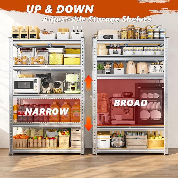 REIBII Garage Shelving, 5 Tier Storage Shelves Load 2020LBS, Adjustable Garage Shelves Heavy Duty, Metal Shelving Unit with Waterproof Columns for Warehouse, 35.5" W x 11.9" D x 72" H, Galvanized