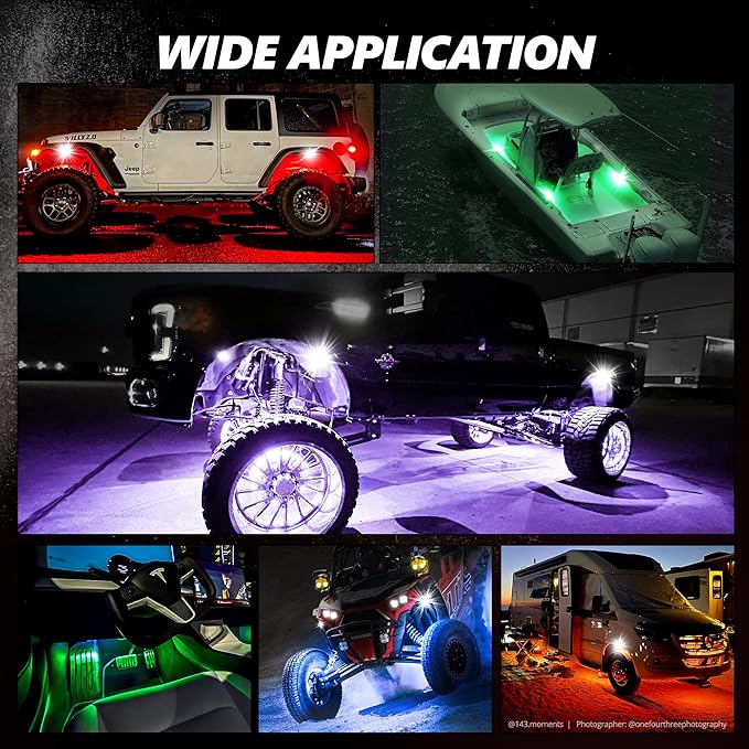 OPT7 Photon RGB LED Magnet Rock Lights with APP & Remote Control, 8 Black Pods Wide Angle Multicolor Neon Underglow Lighting Kit with Extension Wire, IP68 Waterproof for Offroad Truck Jeep RZR ATV UTV