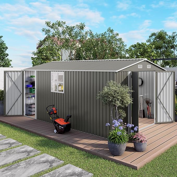 10X14 FT Outdoor Storage Shed with Window, Metal Sheds & Outdoor Storage with 3 Lockable Door and 4 Vents, Outside Storage Shed Waterproof for Backyard, Garden, Patio, Gray