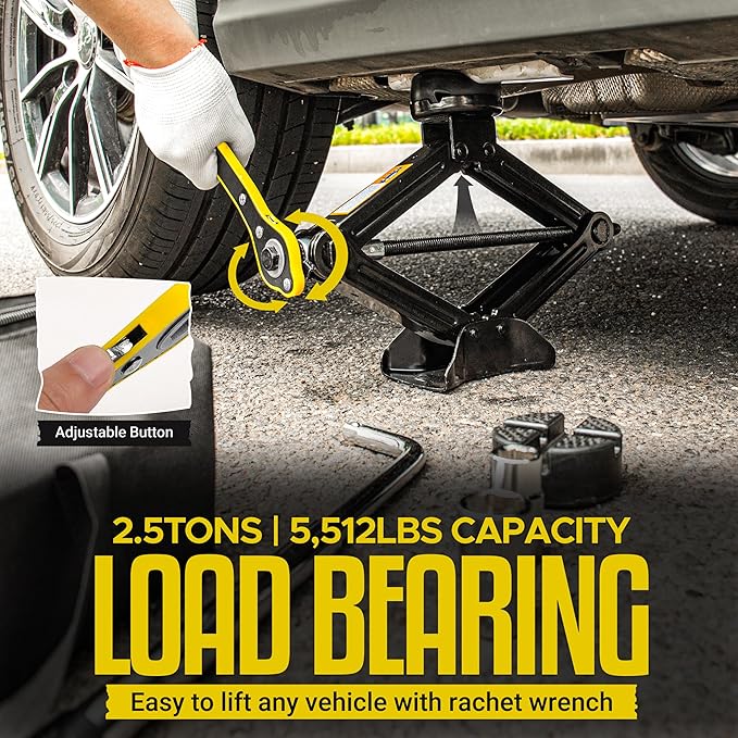 Car Jack Kit/ 2.5 Ton/5512 Pounds Universal Scissor Jack Kit with Rubber Piece, Designed for Sedan, Coupe, SUV