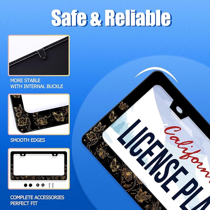 Butterfly License Plate Frame Golden Butterflies License Plate Stainless Steel Funny License Plate Holder for Men Women Universal Colorful Car Accessories Decoration 12.3" x 6.3"
