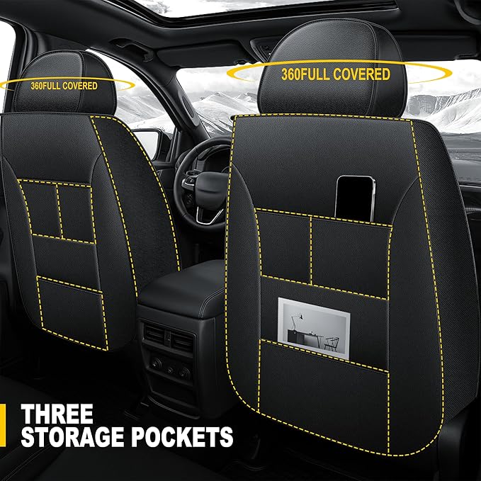 AOMSAZTO Ford Ranger Seat Covers: Full Set Custom Fit 2019 2020 2021 2022 2023 2024 2025 Ford Ranger Breathable Waterproof Leather Seat Protector(5 Seats, Black)