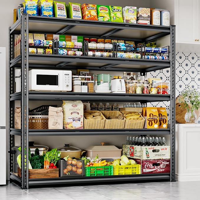 48"W Garage Shelving, 2650LBS Storage Shelves heavy duty, 5 Tier Metal Shelving Unit Adjustable Garage Shelves Heavy Duty Shelving for Warehouse,Commercial, Kitchen, 48" W × 18" D × 72" H, Black, 2PCS