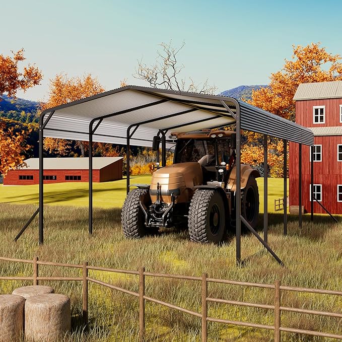 Carport 12x20 FT Heavy Duty Metal Carport, Outdoor Metal Canopy with Additional Diagonal Bars and 4 Support Feet, Car Port Garage Galvanized Shelter for Car, Boat and Tractor