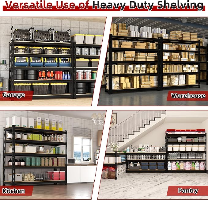 4 Packs 48" W x 24" D x 72" H Adjustable Garage Storage Shelves - 5-Shelf Heavy Duty Shelving Unit, Metal Utility Storage Organizer Racks for Warehouse Pantry Closet Kitchen, Black