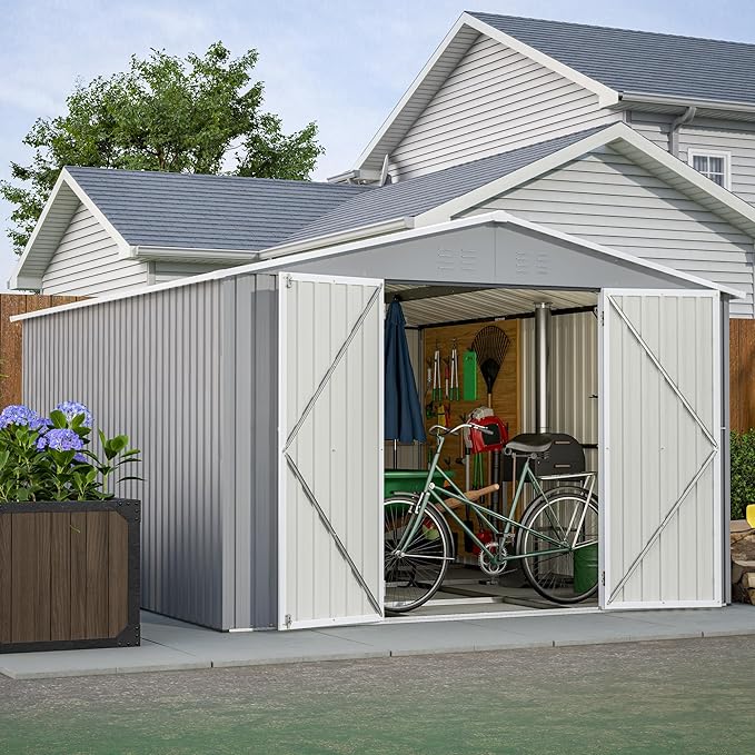 Large Outdoor Storage Shed, 10' X 12' Metal Galvanized Steel Garden Shed with 4 Vents, Utility Tool Shed Storage House for Backyard, Patio, Lawn