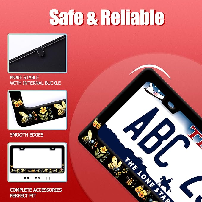 Queen Bee License Plate Frame Beautiful Butterfly Flower License Plate Holder Funny Stainless Steel Accessories Cars Decor with 2 Holes and Screws Fits Standard Us Ca Vehicles 12.2 X 6 Inch