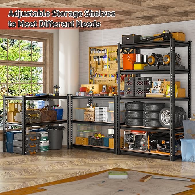 REIBII 2020LBS Storage Shelves 5 Tier Garage Shelving Heavy Duty, Adjustable Metal Shelving Unit, Garage Shelves for Basement, Warehouse, Pantry, 72" H x 35.55" W x 16" D, Black, 3 Pack