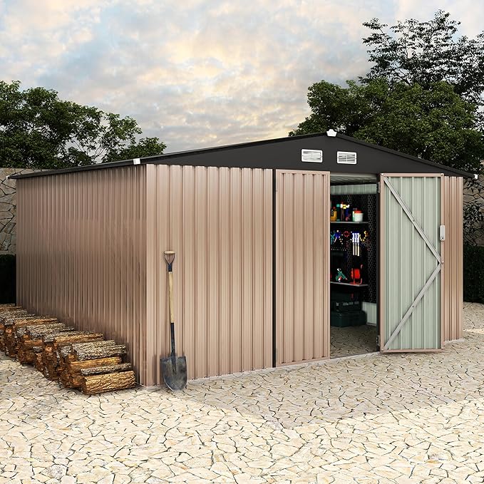 10X12FT Outdoor Metal Storage Shed, Lockable Weatherproof Garden Shed for Tools & Equipment, Durable Galvanized Steel with Sloping Roof & Ventilation, Ideal for Backyard, Patio & Garage Storage, Brown