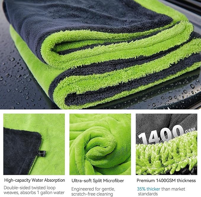 1400GSM Car Drying Towel(48" x 24"),Microfiber Towels for Cars Detailing -Absorbs 9lbs of Water, Ultra-Absorbent, Streak-Free, Scratch-Free, No Water Spots, Double-Twist Pile & Edgeless