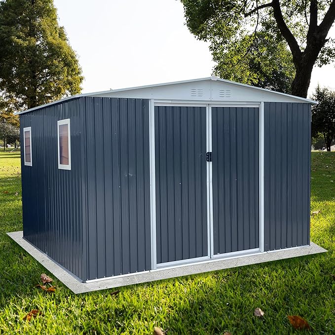 10x12 FT Outdoor Storage Shed, Large Metal Garden Shed with 4 Windows, Outside Tool Shed with Lockable Sliding Doors, Waterproof Storage Building with 4 Air Vents for Backyard, Patio, Lawn, Gray