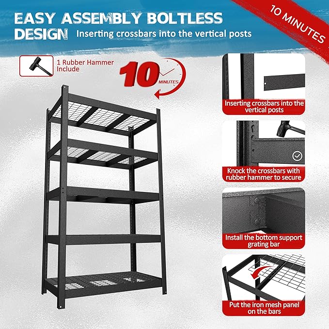 MUPATER 48.03”W × 24.41”D × 83.78”H Metal Storage Shelves, 5-Tier Adjustable Shelves, 3000 LBS Heavy Duty Standing Utility Shelf Racks for Pantry, Warehouse, Kitchen, Garage