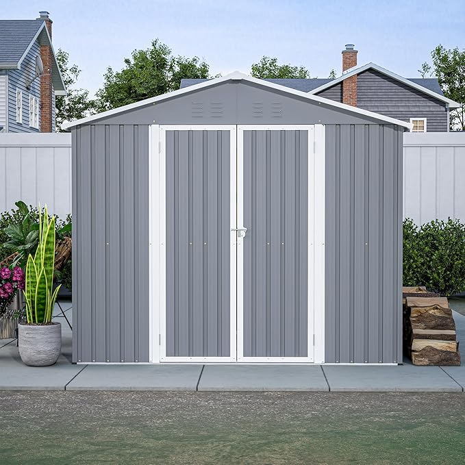 8x12 FT Outdoor Storage Shed,Metal Shed W/Floor,Garden Storage Shed W/ 1 Lockable Hinged Door,All Weather Waterproof Tool House W/ 2 Air Vents & Sloped Roof,for Backyard,Patio,Lawn,Gray