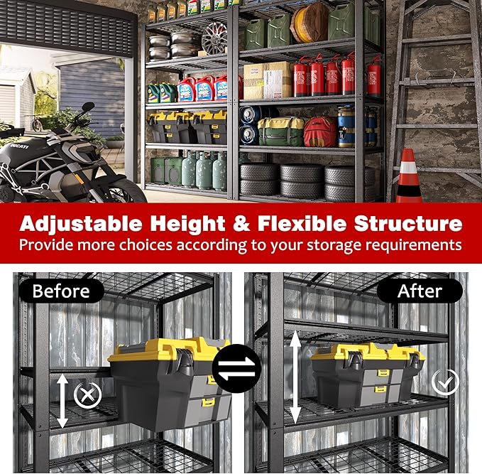 MUPATER 48.43" W x 23.98" D x 72.05" H Metal Storage Shelves, 5 Tier Shelves and Adjustable Shelves, Garage Shelving Unit, Standing Utility Shelf Racks for Garage Warehouse Kitchen