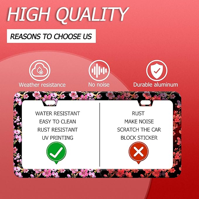Cherry Blossom License Plate Frame Pink Flowers License Plate Frames Funny Stainless Steel Accessories Cars Decor with 2 Holes and Screws Fits Standard Us Ca Vehicles License Plate Holder 12.2 X 6 in